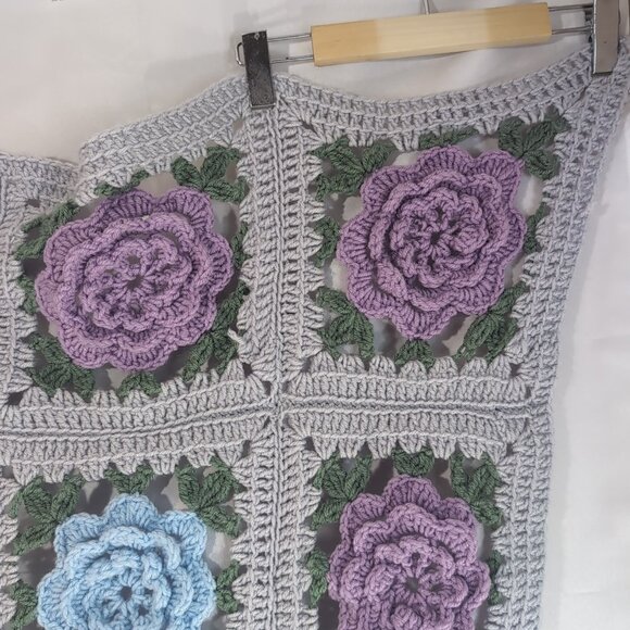 Vintage Crochet 3D Floral Blanket Grey Multi Flower Handmade Granny Square 54" - Picture 2 of 12